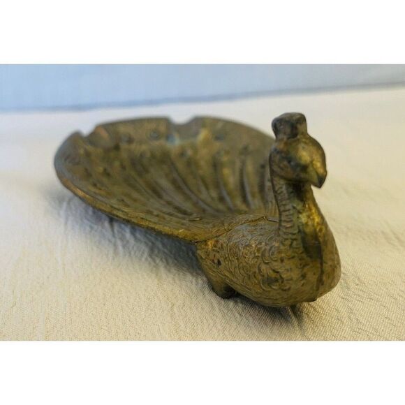 Ring Trinket Dish Ashtray Dish Peacock Solid Brass Decorative Vintage - Picture 2 of 7